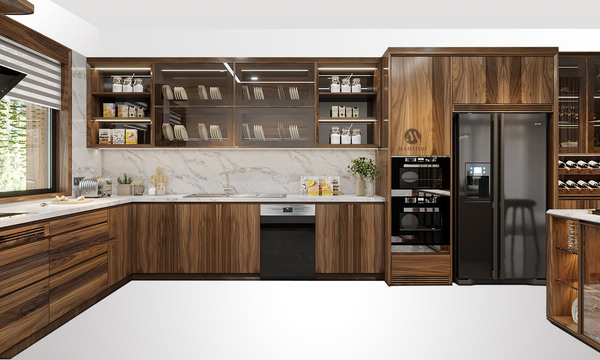 Thiết kế phòng bếp gỗ óc chó