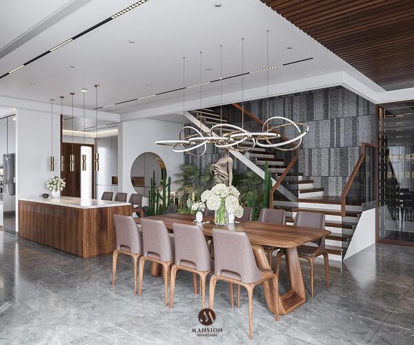Thiết kế phòng bếp gỗ óc chó