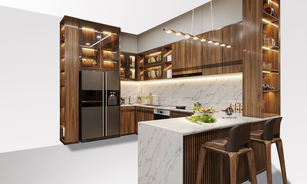 Thiết kế phòng bếp gỗ óc chó