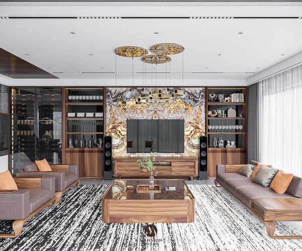 Phòng khách gỗ óc chó hiện đại, sang trọng