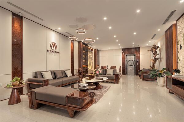Địa chỉ thi công nội thất phòng khách gỗ óc chó uy tín
