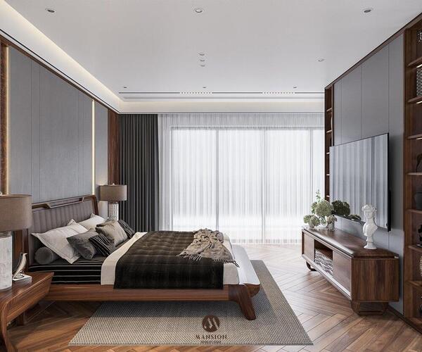 Thiết kế nội thất gỗ óc chó phòng ngủ cuốn hút