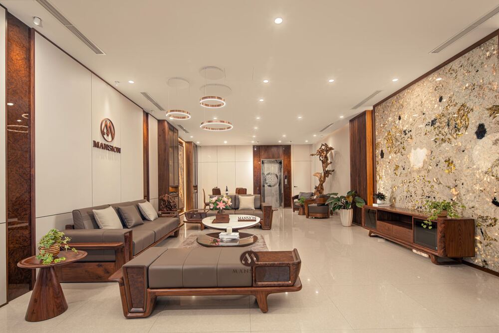 Mẫu phòng khách gỗ óc chó dẫn đầu xu hướng
