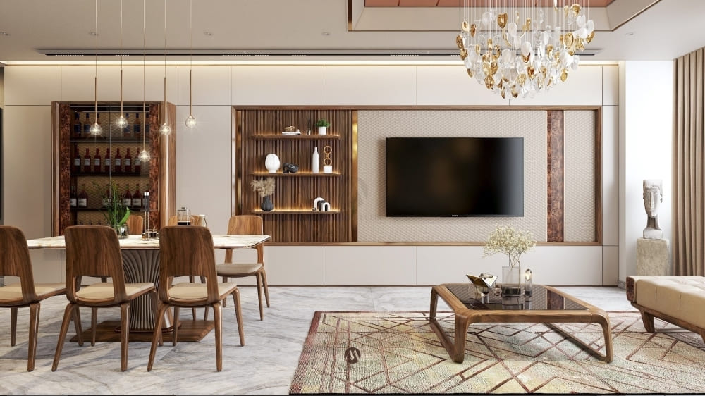 Địa chỉ thi công nội thất phòng khách gỗ óc chó uy tín